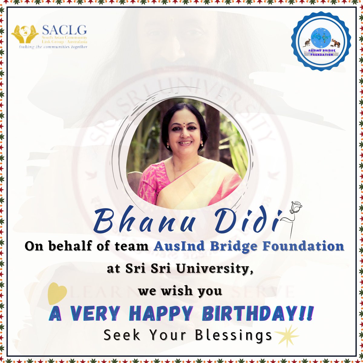 Our Interns <a href="/SriSriU/">Sri Sri University</a> wished <a href="/Bhanujgd/">Bhanu Narasimhan</a> popularly known as Bhanu Didi, a divine soul in female form, a Very Happy Birthday. Thank you @KajalPanda2020 for the poster. Thank you. #AustraliaIndia. <a href="/NehaGuptaMBA/">Neha Gupta</a> <a href="/p_sucheta/">Prof(Dr)Sucheta Priyabadini</a> @rashikapoorr <a href="/DrRituChhikara/">Dr. Ritu Chhikara</a> <a href="/SrinivaSubbarao/">Prof. Srinivas Subbarao, PhD, D. Litt.</a> <a href="/RajitaBagga/">Rajita Bagga</a>