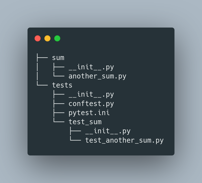  The best way to structure your tests and production code is as follows.pytest.ini - configuration for pytest http://conftest.py&nbsp; - contains fixturestests - contains all testssum - package with production code (there can be multiple ones)