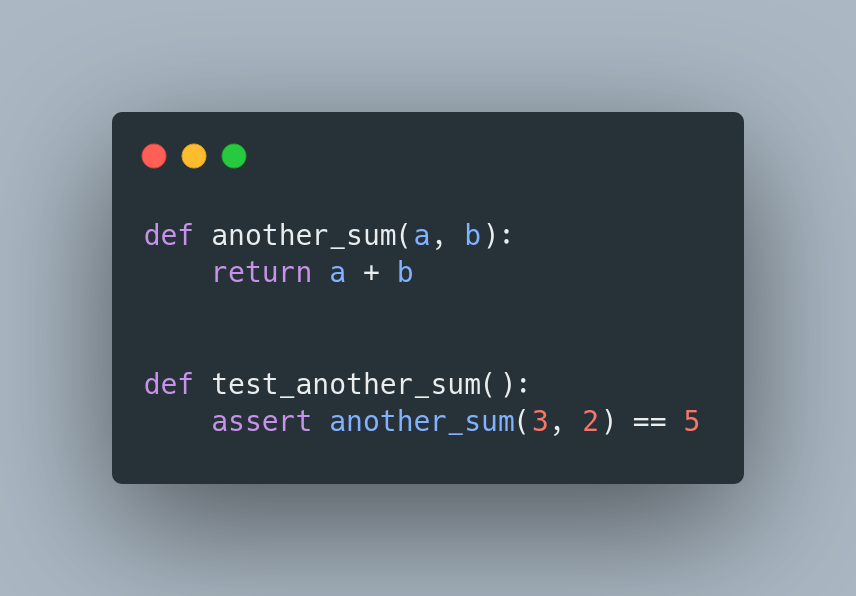  To write and run the most simple example:1. Install it via pip - "pip install pytest"2. Creta a new file "simple_test.py" containing code from the image3. Run it - "pytest simple_test.py"