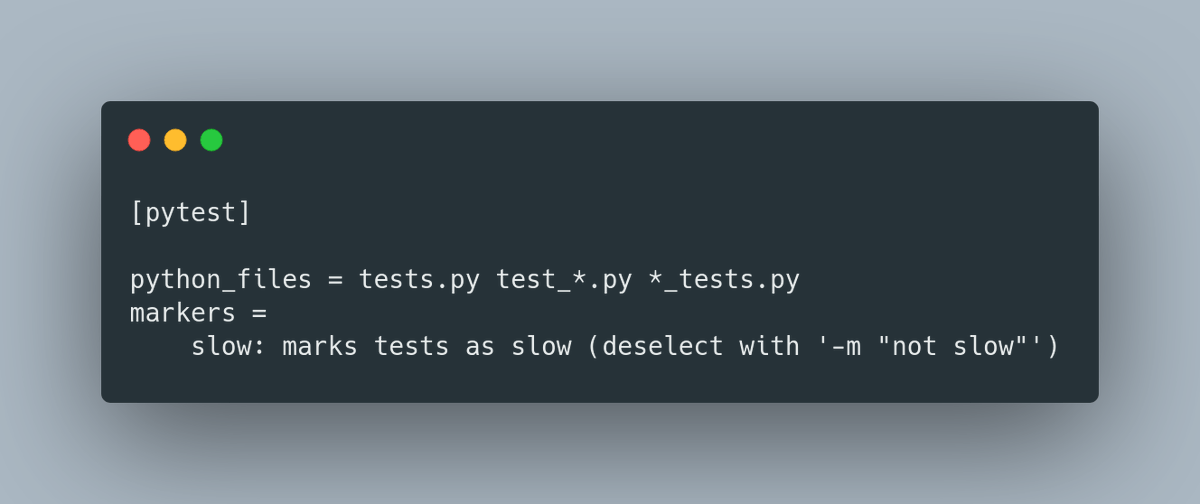  pytest.ini contains configuration like:- pattern for searching test files- pytest markers- settings for plugins