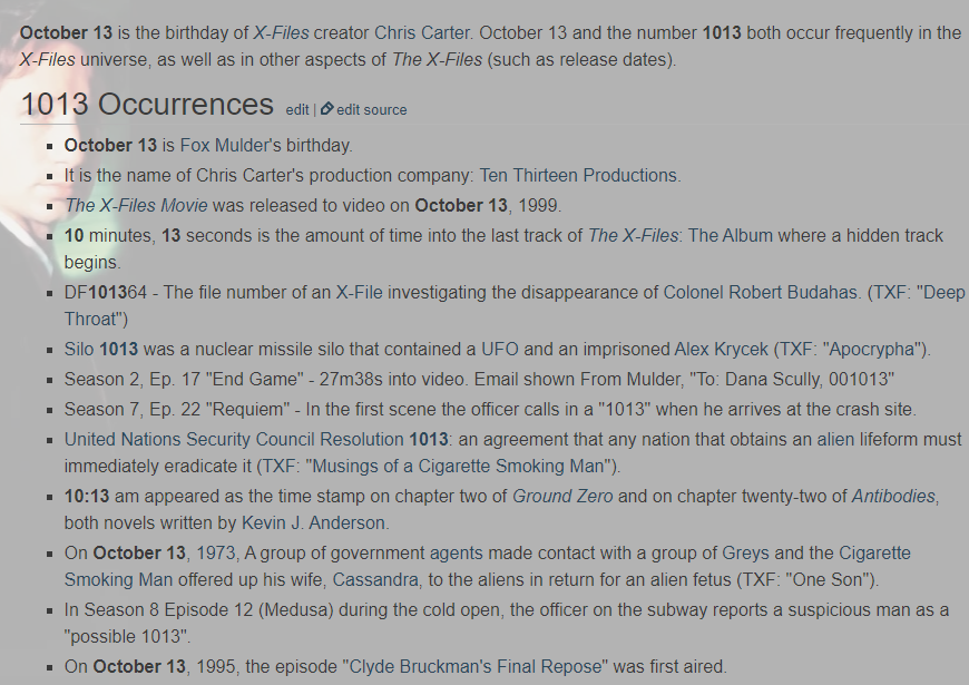 In Breaking Bad, the time shown on the clock in Gale's Apartment in "Box Cutter" (S4E1) is 10:13. The number 1013 is used frequently in The X-Files as a reference to its creator's, Chris Carter's, birthday.