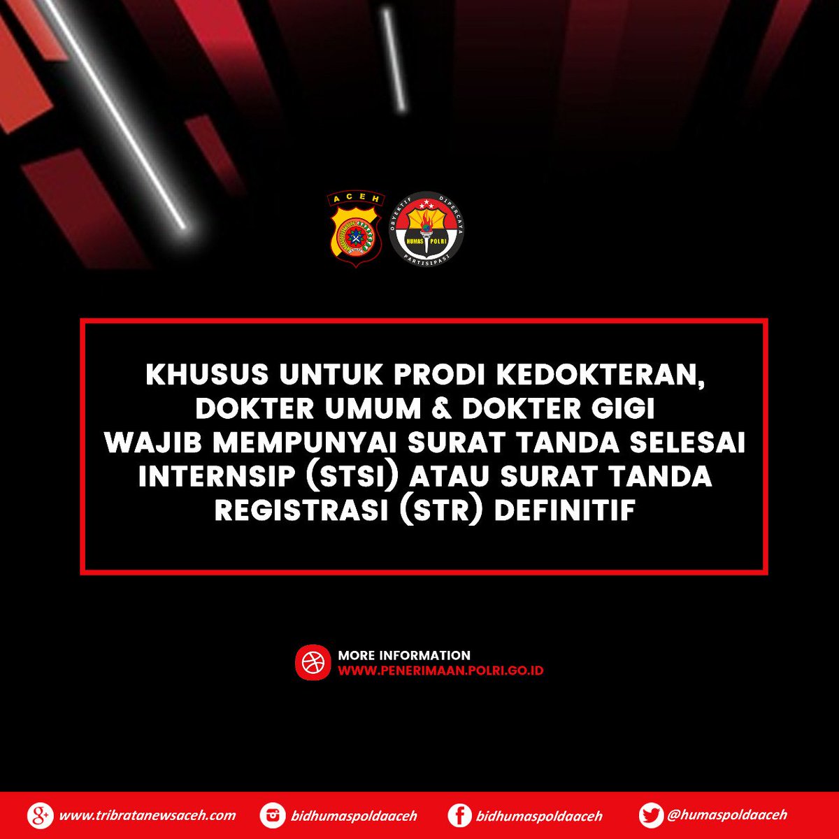 HumasPoldaAceh's tweet photo. Halo Sobat Polri.
Telah dibuka Pendaftaran Polri Penerimaan Sekolah Inspektur Polisi Sumber Sarjana (SIPSS) T.A 2021.
Ayo segera daftarkan diri anda.
Pendaftaran Polri Gratisss!
@DivHumas_Polri
#bidhumaspoldaaceh #poldaaceh #fyi #penerimaananggotapolri #sdmpoldaaceh #polripromote https://t.co/CBhnqkhM8O
