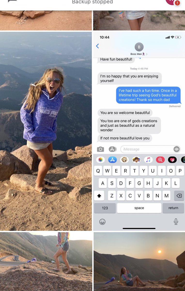 Mags_Bick's tweet photo. Deleting pics/vids and just realized this. The irony that I screen shotted my dad’s sweet text and the next pic taken was me freezing my ass off and in the middle of my last minute Pike’s Peak adventure this summer. https://t.co/uBgxWxNfZv
