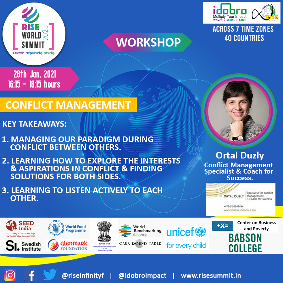 RISEInfinityF's tweet image. ‘CONFLICT MANAGEMENT’ Workshop by Ortal Duzly at the RISE World Summit 2021.
For Special Discount BEFORE 15 th Jan 2021, Use Code “HNY50”
Registration is an All Access Pass to all Events -bit.ly/2JV2vos 

#rws2021 #idobro #riseinfinity #unicefindia #virtualworkshop