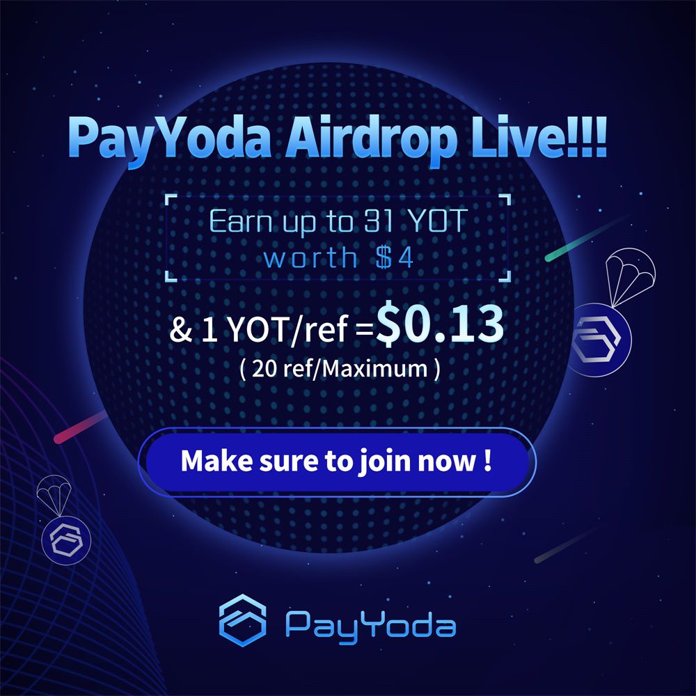 CryptoTown (@cryptotowneu) on Twitter photo 🚀 Airdrop: PayYoda
💰 Value: $ 3.76
👥 Referral: $ 0.125
💸 31 + 1 YOT 
🏦 Tradable at Hotbit
Talk with the telegram bot: t.me/PayYodabot?sta…
📖 Step-by-step guide:
🔹Do some social tasks
#cryptocurrency #Crypto #bounty #Airdrops #Airdrop #bitcoin #ico #giveaway 🚀 Airdrop: PayYoda
💰 Value: $ 3.76
👥 Referral: $ 0.125
💸 31 + 1 YOT 
🏦 Tradable at Hotbit
Talk with the telegram bot: t.me/PayYodabot?sta…
📖 Step-by-step guide:
🔹Do some social tasks
#cryptocurrency #Crypto #bounty #Airdrops #Airdrop #bitcoin #ico #giveaway