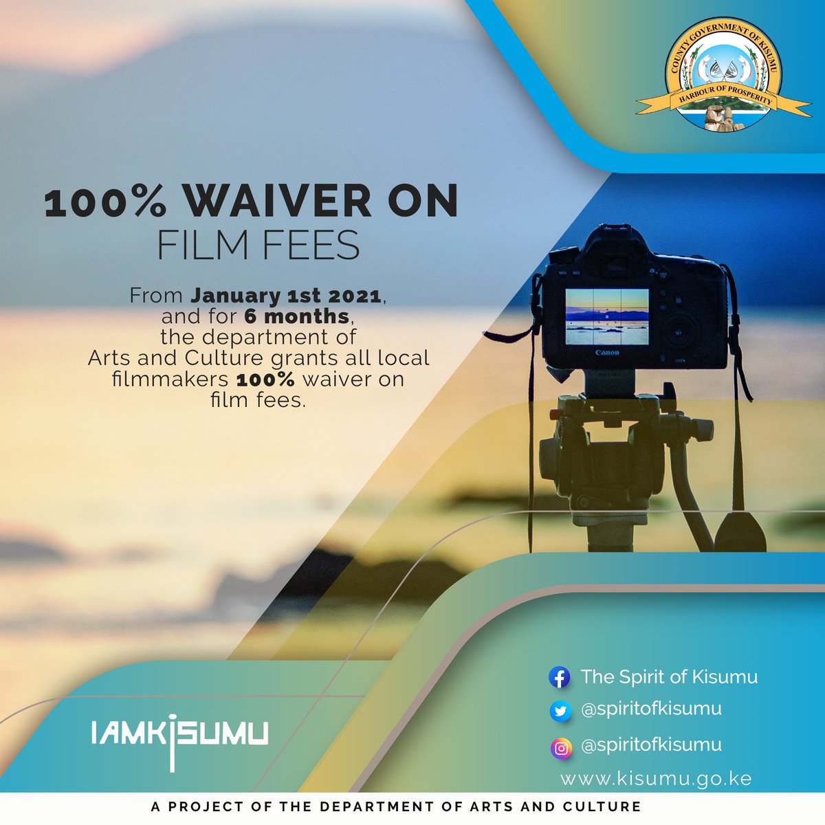 For the next 6 months, The County Government of Kisumu through the department of Arts and Culture grants all local filmmakers 100% waiver on film fees. #SpiritOfKisumu