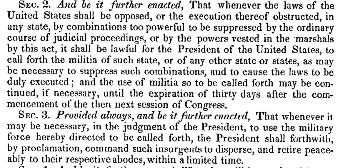 Under the Militia Act of 1795, the Insurrection Act's predecessor, it's when "the laws of the United States shall be opposed or the execution thereof obstructed by combinations too powerful to be suppressed by the ordinary course of judicial proceedings."  https://bit.ly/3oE0N9X 