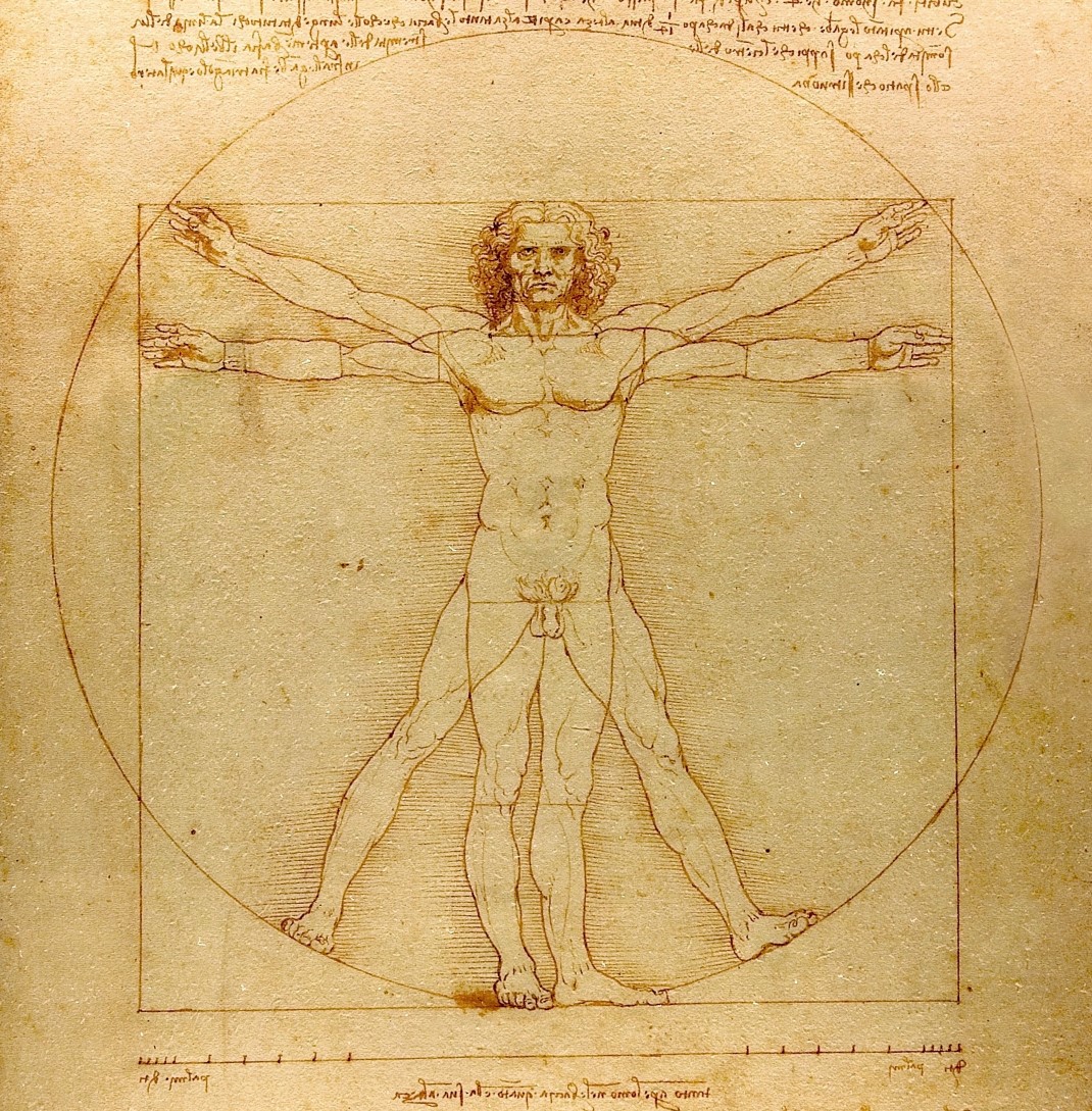 Part(). 'Vitruvian Man' - the proportions of the human body.2 positions w/ arms and legs apart, a geometrical equation hints toward many things.- "shining one".Leonardo da VinciYearc. 1490.A man is inscribed in a circle and square.The connections continue...