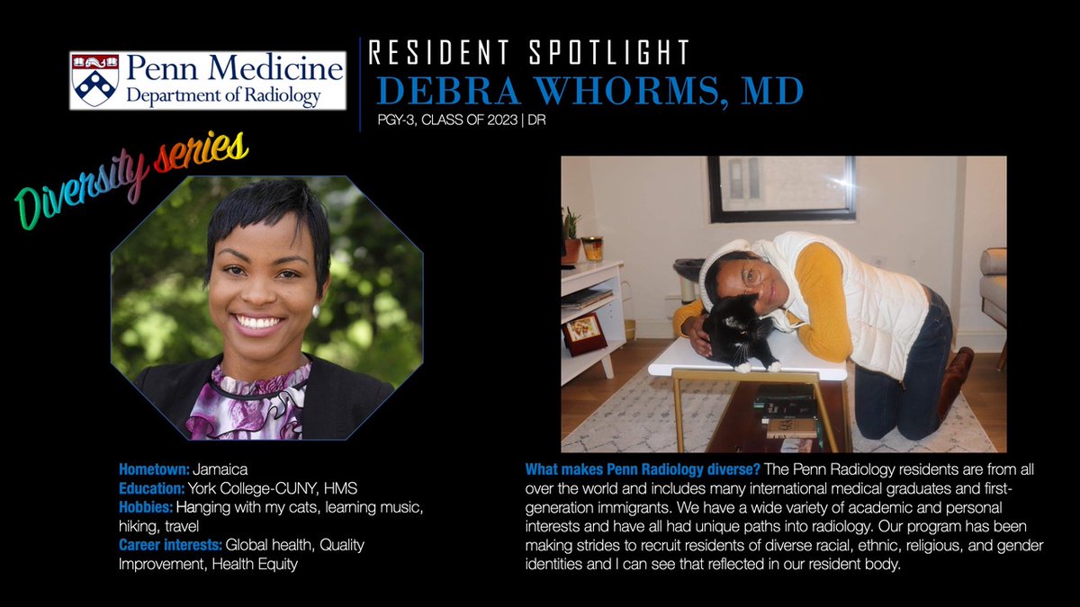 At Penn, we celebrate diversity in the workplace and embrace a culture of inclusion. Kicking off our new diversity series with our 'purrfect' R2, Debra Whorms @Deb_TheRadDoc @futureradres #pennradresspotlights #pennmedicine #pennradiology #WIR