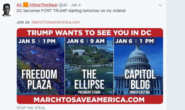 Here's what Ali was saying on the days leading up to the insurrection/coup.Jan 4th: "DC becomes FORT TRUMP starting tomorrow on my orders"Jan 4th: "I intend to keep our republic at any cost...Join us"Jan 4th: "We are Peaceful 1776 Protestors!..."(Note 1776 symbolism)