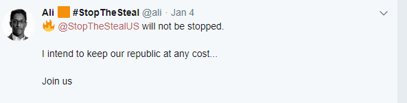 Here's what Ali was saying on the days leading up to the insurrection/coup.Jan 4th: "DC becomes FORT TRUMP starting tomorrow on my orders"Jan 4th: "I intend to keep our republic at any cost...Join us"Jan 4th: "We are Peaceful 1776 Protestors!..."(Note 1776 symbolism)