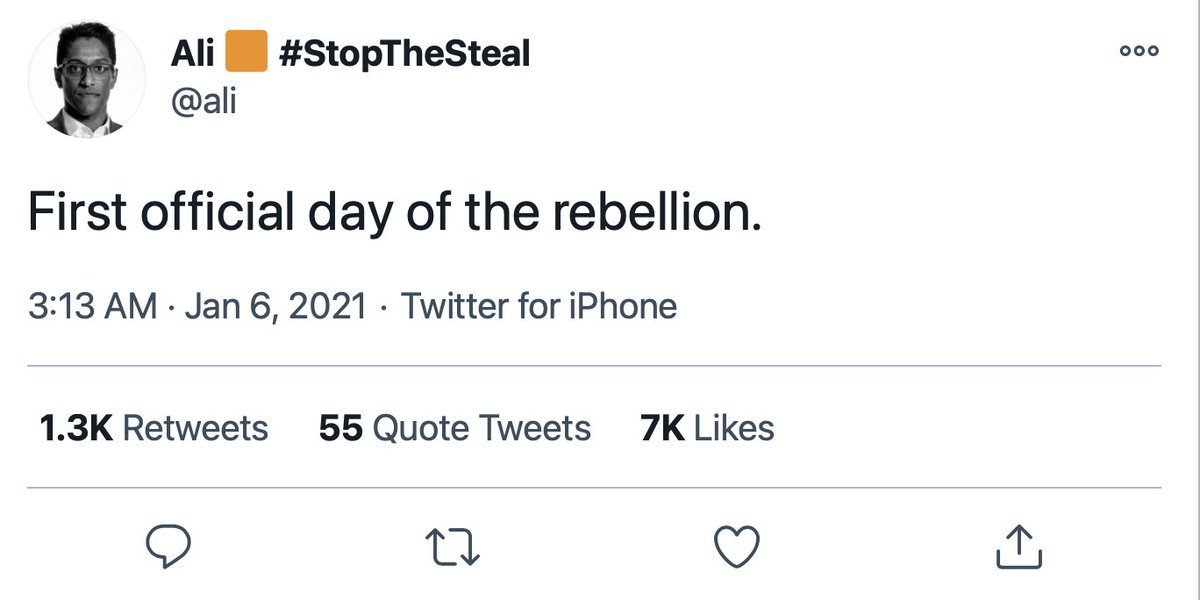 On the 6th of January - the day of the insurrection/coup Ali Alexander tweeted:"First official day of the rebellion"