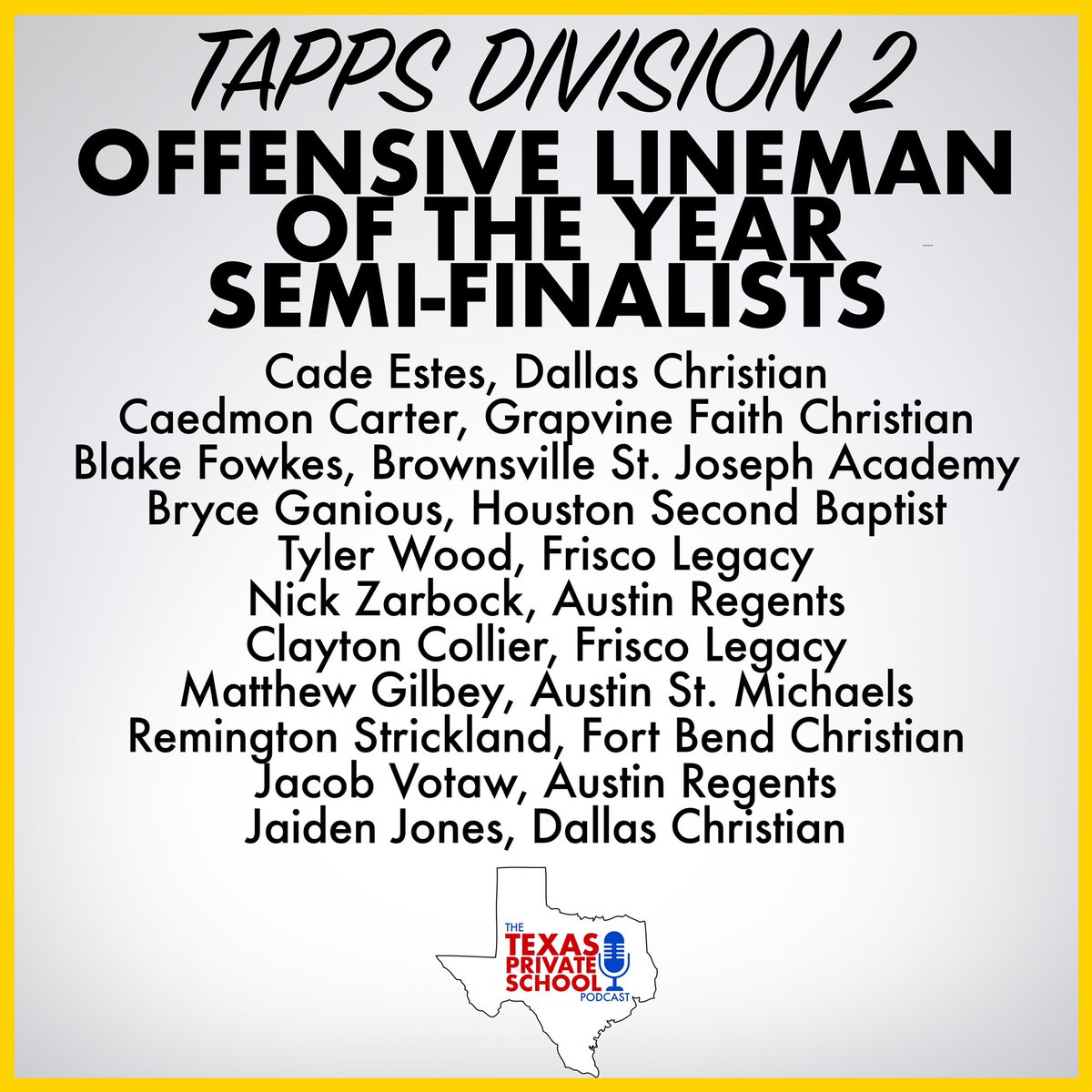 DIVISION 2 
O LINEMAN OF THE YEAR

<a href="/cade_34estes/">Cade Estes</a> 
@Caedmon_Carter 
@Bfowkes75 
<a href="/bryce_ganious/">Bryce Ganious</a> 
@TWood_84 
<a href="/nickzarbock/">Nick</a> 
<a href="/BigRayRay7769/">Clayton Collier</a> 
<a href="/matthew_gilbey/">Matthew Gilbey</a> 
<a href="/RemStrick2021/">Remington Strickland</a> 
<a href="/Votaw73/">Jacob Votaw</a> 
<a href="/TheJaidenJones/">BIG J ⚜️</a>