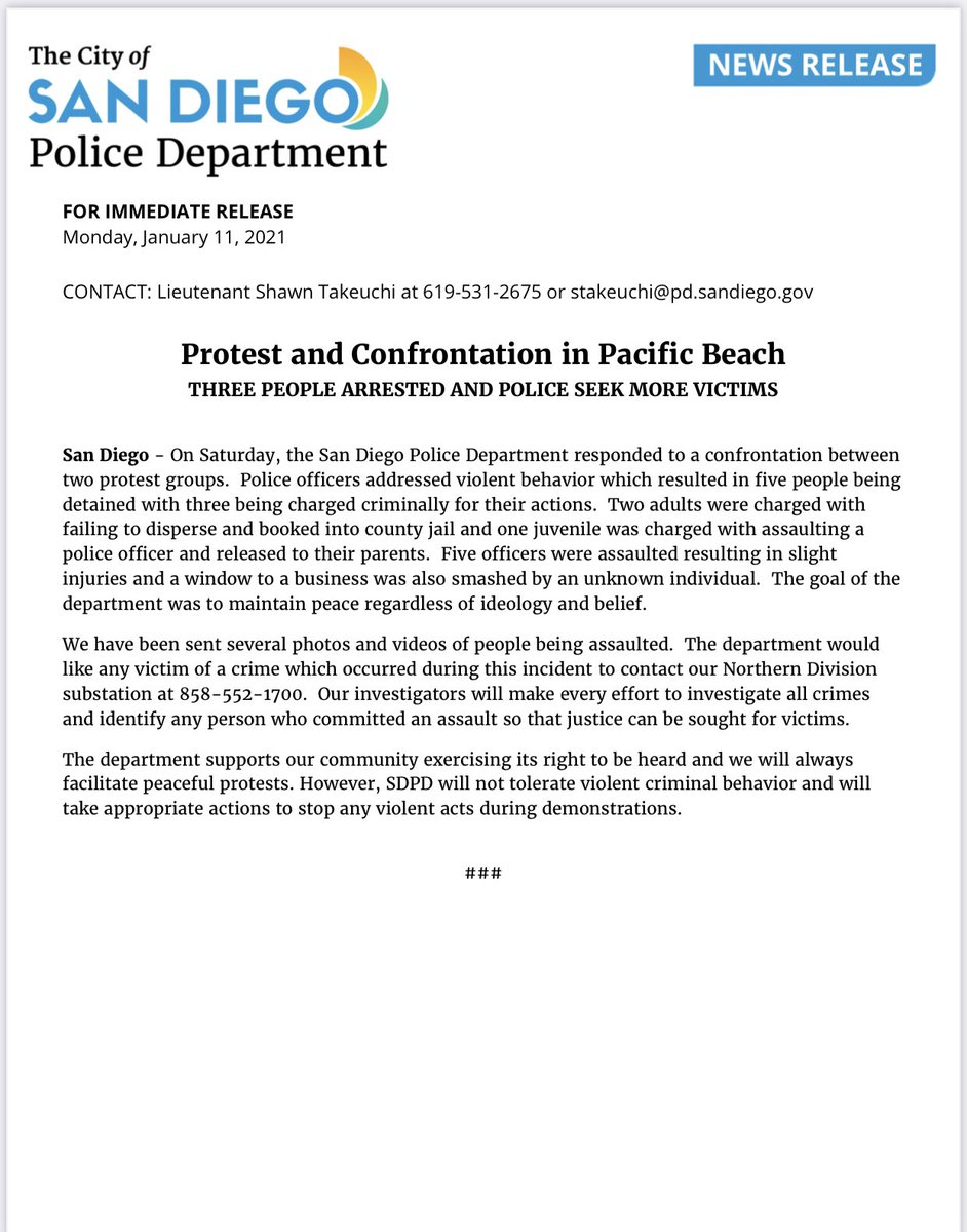 SanDiegoPD's tweet image. If you were a victim of a crime at the protest in Pacific Beach, we want to hear from you. Please contact our Northern Division substation at 858-552-1700 during business hours.