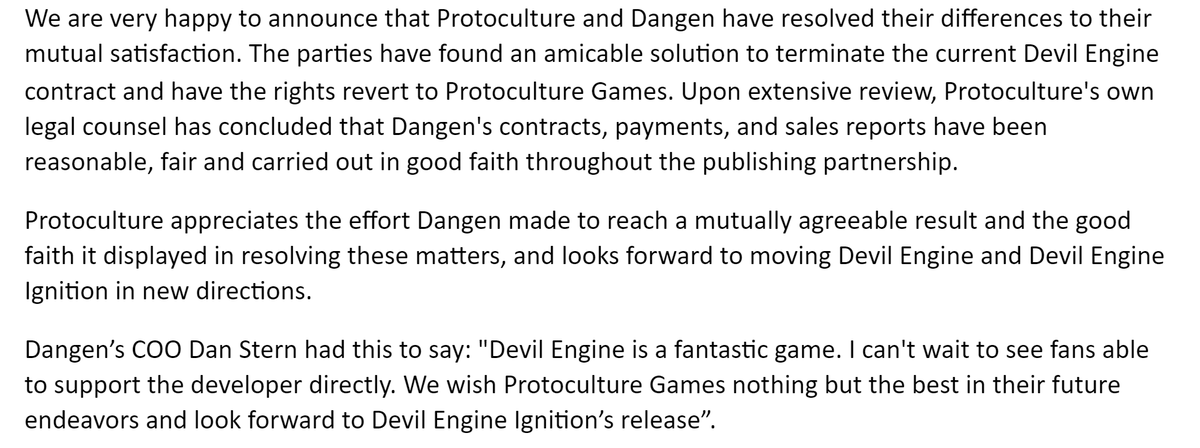 Protocultgames's tweet image. Protoculture Games is happy to announce that we have resolved our differences with DANGEN and are parting ways amicably. Full statement: