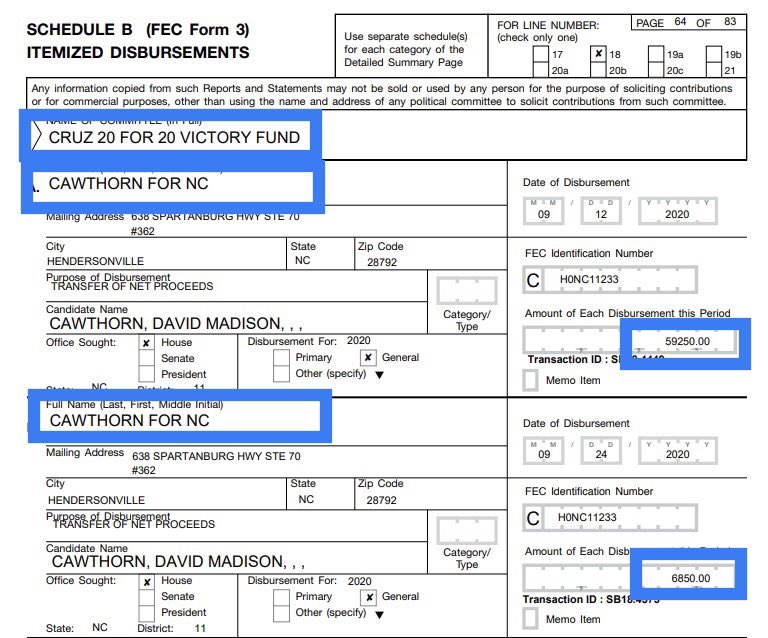ColMoeDavis's tweet photo. The biggest financial supporter of seditionist @CawthornforNC was seditionist @SenTedCruz https://t.co/zuS7DJurvg