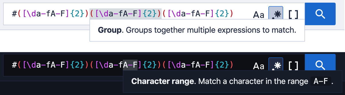 rvtond's tweet photo. I shipped regex highlighting and hints in the latest Sourcegraph release. I really like those regex playground sites but I want it in my search tool! Also kinda nuts that none of the 7 OSS/public access code search tools I know of highlights metasyntax. https://t.co/ymrl4BaJne