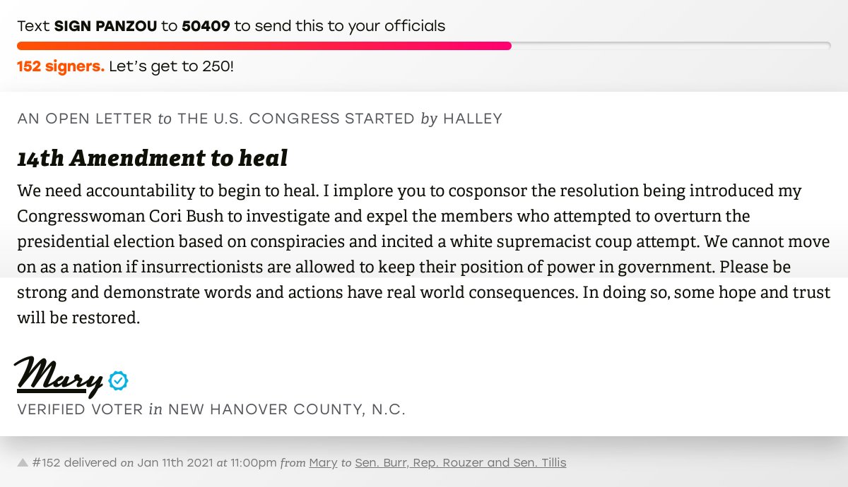 openletterbot's tweet photo. 🖋 Sign “14th Amendment to heal” and I’ll deliver a copy to your officials: https://t.co/DjdUWU2K05

📨 No. 152 is from Mary to @SenatorBurr, @RepDavidRouzer and @senthomtillis #NC07 #NCpolitics https://t.co/435PZTWT2R