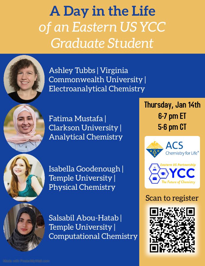 YccNny's tweet photo. Do you want to learn about how does a Graduate student life look like? 
Join us this Thursday in A DAY in the life of a Graduate student of the ACS Younger Chemists Committee, this Thursday, Jan 14, 2021, 6 pm EST. Register here: https://t.co/4m4zv1ry8O https://t.co/0xLIcV8jKh