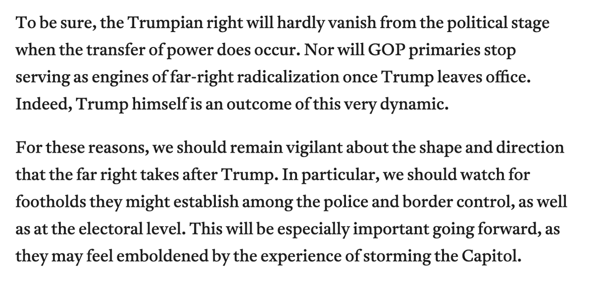 We actually state in a number of places that fascist politics will persist after Trump, both in the GOP and in the repressive institutions. Instead, Montag focuses on the paragraphs *around* these while not mentioning this crucial claim.