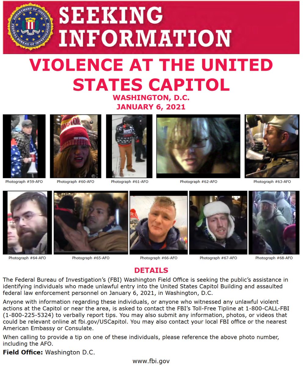#FBIWFO is seeking public's assistance in identifying those who made unlawful entry into US Capitol & assaulted federal law enforcement on Jan 6. If you have info, report it to the #FBI at 1-800-CALL-FBI or submit photos/videos at fbi.gov/USCapitol. fbi.gov/wanted/seeking…