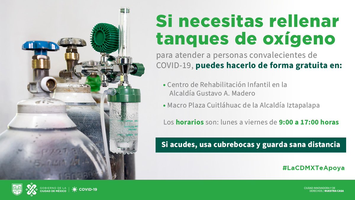 GobCDMX's tweet photo. Si necesitas recargar el tanque de oxígeno para continuar con la recuperación por  #COVID19 de algún familiar, existen dos puntos en los que puedes hacerlo de forma gratuita.

📍 Ubica el más cercano: 👇

#LaCDMXTeApoya 
Juntas y #JuntosVamosASalirAdelante https://t.co/nPZnzwDwDD