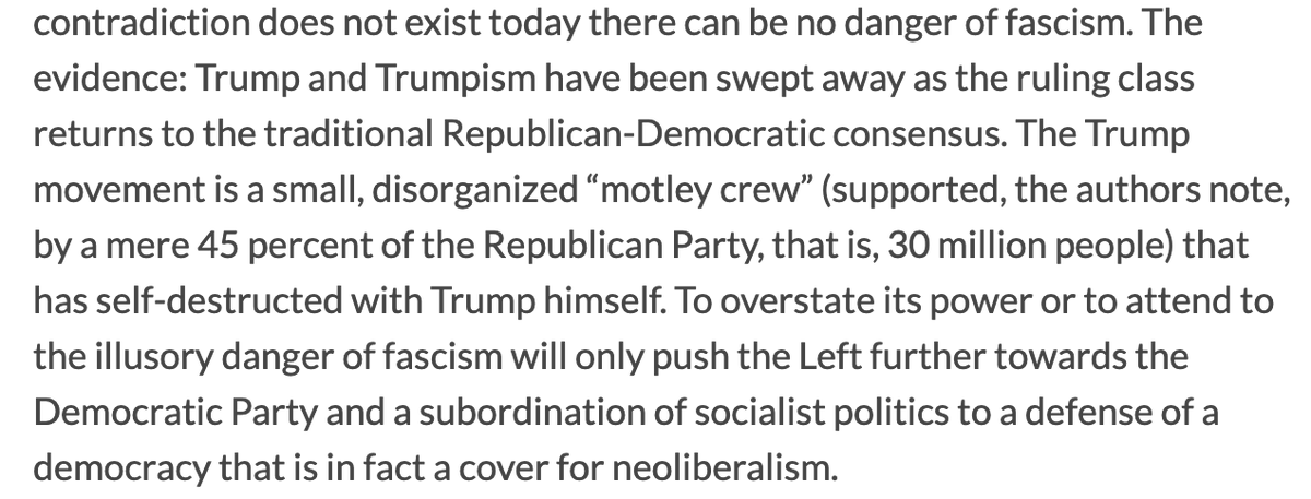 This leaves out an important part of the argument. The claim is not that there is no danger of fascism. It is that the Republican Party is now facing a major crisis that we on the left should focus on exploiting, as part of the state/streets dynamic.