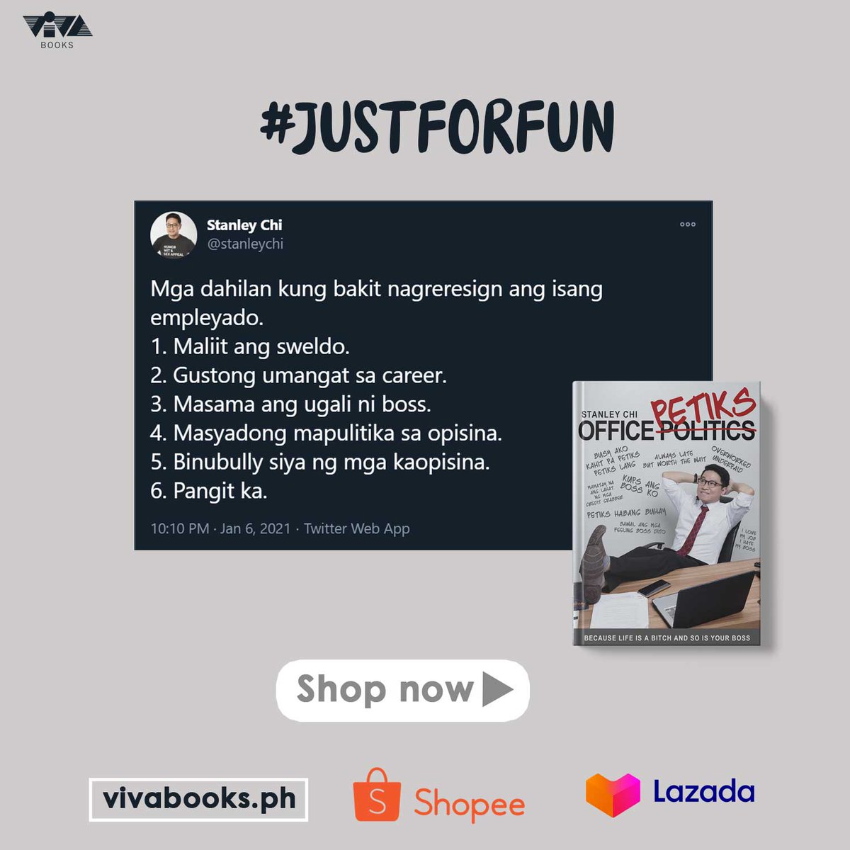 VIVABooks_'s tweet photo. Mga Imortal, nangyayari at workable pa naman 'yung numbers 1-5 pero yung number 6, wala na tayong magagawa d'yan. Ito na ang sign na hinihintay mo, mag-resign ka na! #justforfun #officepetiks 

Para sa marami pang witty career advice, grab Office Petiks now online! https://t.co/EHyjTrBvq2
