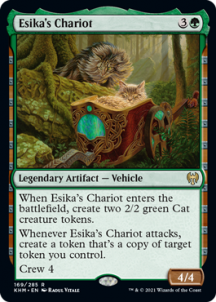 Esika's Chariot is great mainly because of how adorable the cats are (art by Raoul Vitale). But guess what? These kitties on a chariot pair with Combat Celebrant and Heat Shimmer to generate infinite combat steps.Talk about spicy jank. Meow! Bonus: sub Kiki-Jiki as needed!