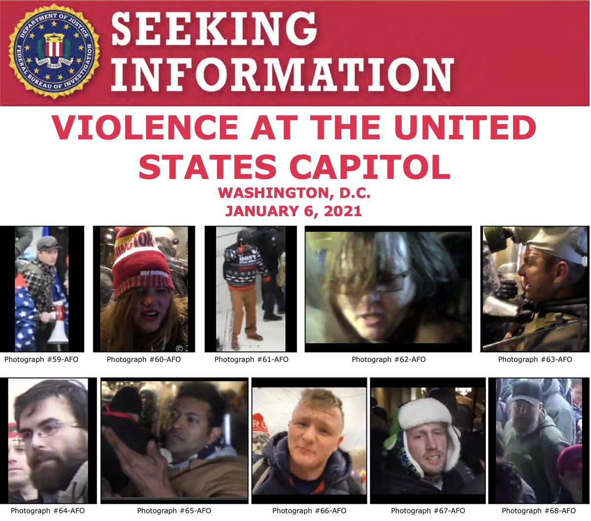 Help the #FBI identify individuals who unlawfully entered the U.S. Capitol on January 6 and assaulted federal law enforcement personnel. We added a new poster with more photos. Do you see someone familiar? Submit a tip at fbi.gov/USCapitol. @FBIWFO ow.ly/I5SH50D5XWv