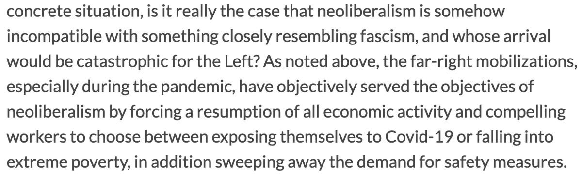 The overlap and reinforcement between neoliberalism and the far right is crucial for the above point as well, both in terms of their current articulation and for left strategy. (In this piece from April, we discuss working class struggles in the pandemic) https://newpol.org/global-capitalism-global-pandemic-and-the-struggle-for-socialism/