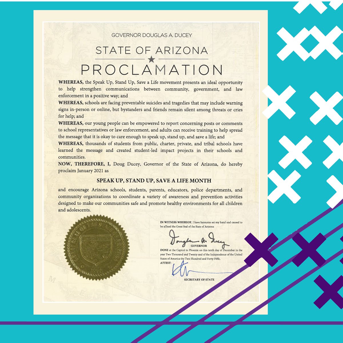 SpeakStandSave's tweet photo. Thank you to the State of Arizona and Governor @dougducey for proclaiming January as Speak Up Stand Up Save A Life month! 🎉 #speakstandsave #arizona https://t.co/AP897lVrPP