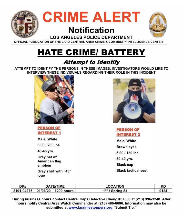 ReporterClaudia's tweet photo. LAPD seeks help identifying two people of interest in the attack on a black woman during a pro-Trump rally on Jan. 6 outside outside LA City Hall. @KNX1070 https://t.co/r8aQjf91Nn