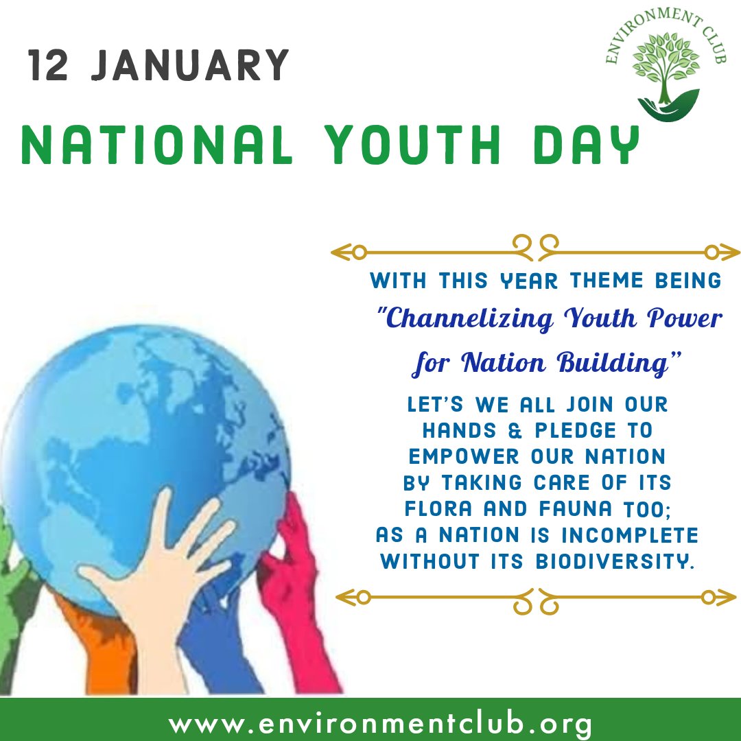 Today on National Youth Day, Appealing to the Youth Let's Together Join Hands for Environment.

#YouthforEnvironment #राष्ट्रीय_युवा_दिवस #NationalYouthDay #YouthDay2021 #swamivivekananda  #timefornature #SaveTheEnvironment #SaveThePlanet #ClimateChangeIsReal  #environmentclub