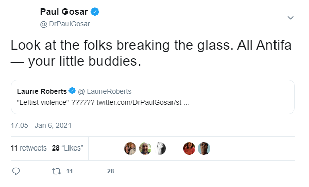 On January 6th Ali Alexander and Paul Gosar both got their talking points and tweeted."Anti-Fa agitation!" and "All Antifa"