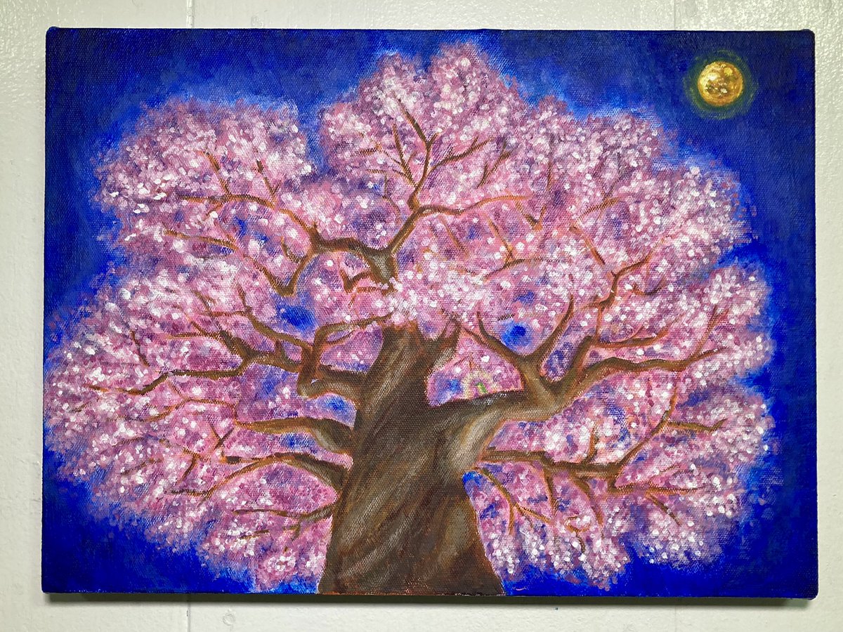 冬乃太陽 花と風景の画家 新作 レンタル開始しました 春を先取る 月と夜桜の絵です 絵の中にメジロがいます 月と夜桜 サイズ H 33 5 W 45 5 D 2 6cm 技法 キャンバスにアクリル絵の具 制作年 年 T Co Bwlgwoum2r
