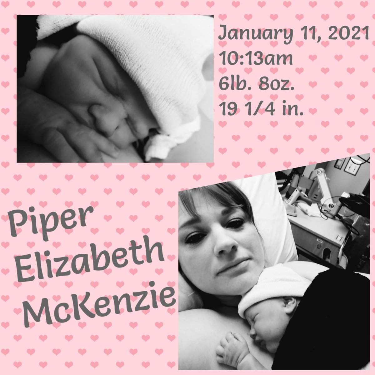 patrickmckenz's tweet photo. Long time, no post...
Piper Elizabeth McKenzie was born at 10:13am (the exact minute Pyne, her oldest sister was born) 1/11/21 weighing in at 6lb8oz and 19.25". She is perfect and mama is great https://t.co/ccpcPGqvwq