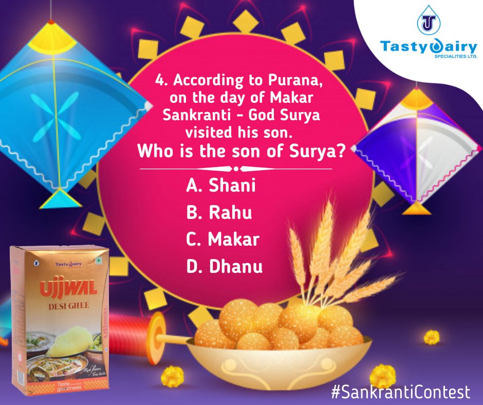 Welcome to the last day of #Sankranticontest
To enter the official contest u must follow these rules:-
1. Like and Follow our page on FB,Twitter,&amp; Instagram
2.Share this contest on your FB wall or my story feed &amp; tag company
3.Tag 3friends make sure they all follow us
#TastyDairy