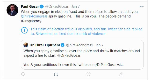 On January the 7th Rep Paul Gosar agreed with the insurrection/coup by saying "This is on you. The people demand transparency"Seems incriminating to me.