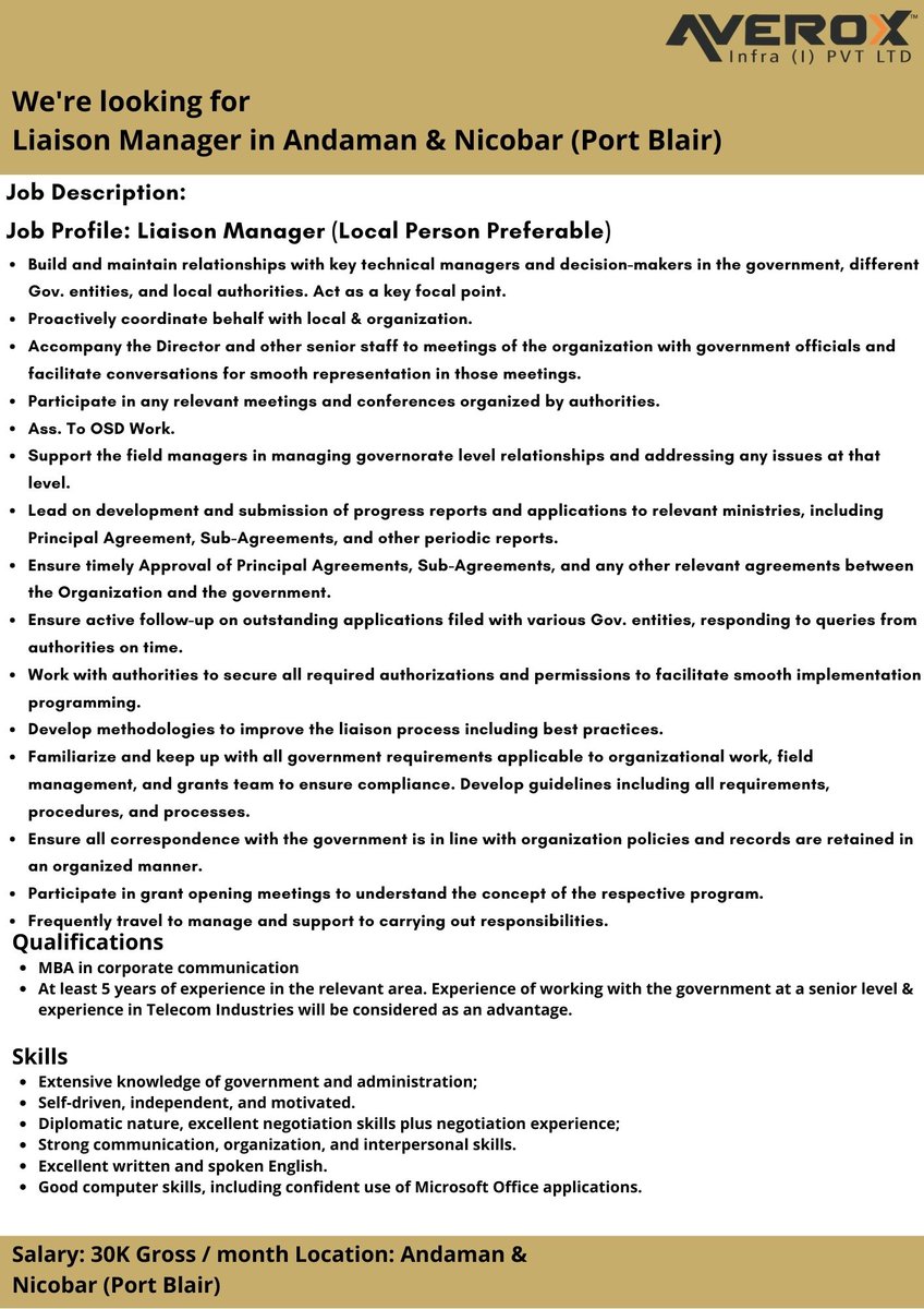 AveroxL's tweet photo. Averox Infrastructure India Pvt. Ltd. are hiring 'Liaison Manager' in Andaman &amp; Nicobar (Port Blair)
Interested candidates can share their resume on the given email address or contact us...
Phone: 06355 423 547
Email: admin@averox.in
#liaison #manager #andaman #nicobar https://t.co/ouwxFsB0Pv