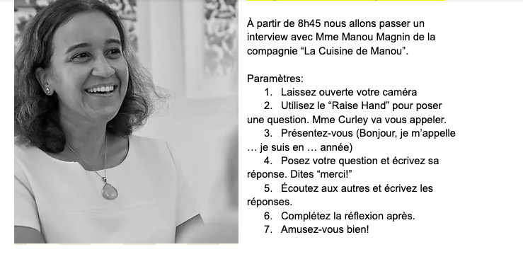 MadameCurley's tweet photo. Wow! Our first virtual #authenticlanguage experience was fantastic! After listening to interview examples on @EdPuzzle my Int High Ss prepared Qs and participated in a 25 min interview with @lacuisinedemanou Un grand succès! #langchat #ACSAlwaysLearning https://t.co/0p38mNRXHn