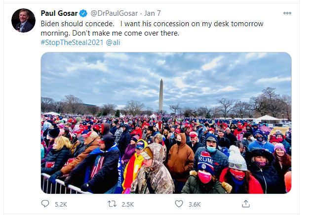 On January 7th He also tweeted:- Biden should concede. I want his concession on my desk tomorrow morning. Don't make me come over there."Notice how Ali Alexander was linked to this tweet with  @ali next to  #StopTheSteal2021.