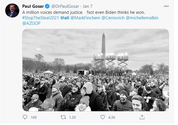 On January 7th he also tweeted a video of his potential co-conspirator Mo Brooks saying "Great Job brother"He also tweeted "A million voices demand justice. Not even Biden thinks he won.