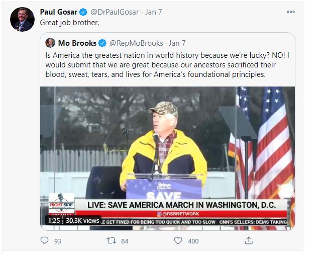 On January 7th he also tweeted a video of his potential co-conspirator Mo Brooks saying "Great Job brother"He also tweeted "A million voices demand justice. Not even Biden thinks he won.