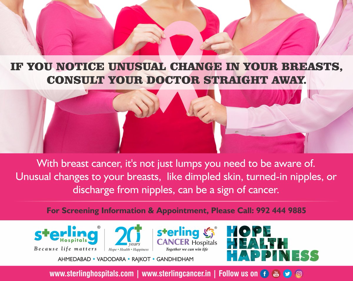 sterlingcancer's tweet photo. If you #notice #unusual #change in your #breast, #consult your #doctor straight away. With #breast #cancer, it’s not just #lumps you need to be aware of. Unusual changes to your breasts like #dimpled #skin, turned-in nipples or #discharge from nipples, can be a #sign of cancer. https://t.co/SfJvNld5hm