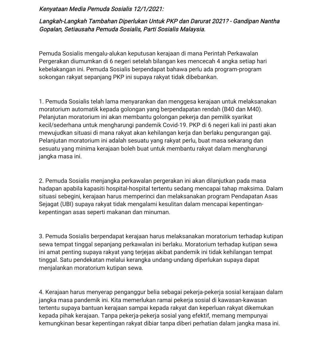 pemudaPSM's tweet photo. Kenyataan Media Pemuda Sosialis 12/1/2021: Langkah-Langkah Tambahan Diperlukan Untuk PKP dan Darurat 2021? - Gandipan Nantha Gopalan, Setiausaha Pemuda Sosialis.

Pemuda Sosialis menggunakan peluang ini untuk menzahirkan rasa bimbang dengan keputusan darurat dan penangguhan sesi https://t.co/9VNu7MLx3x