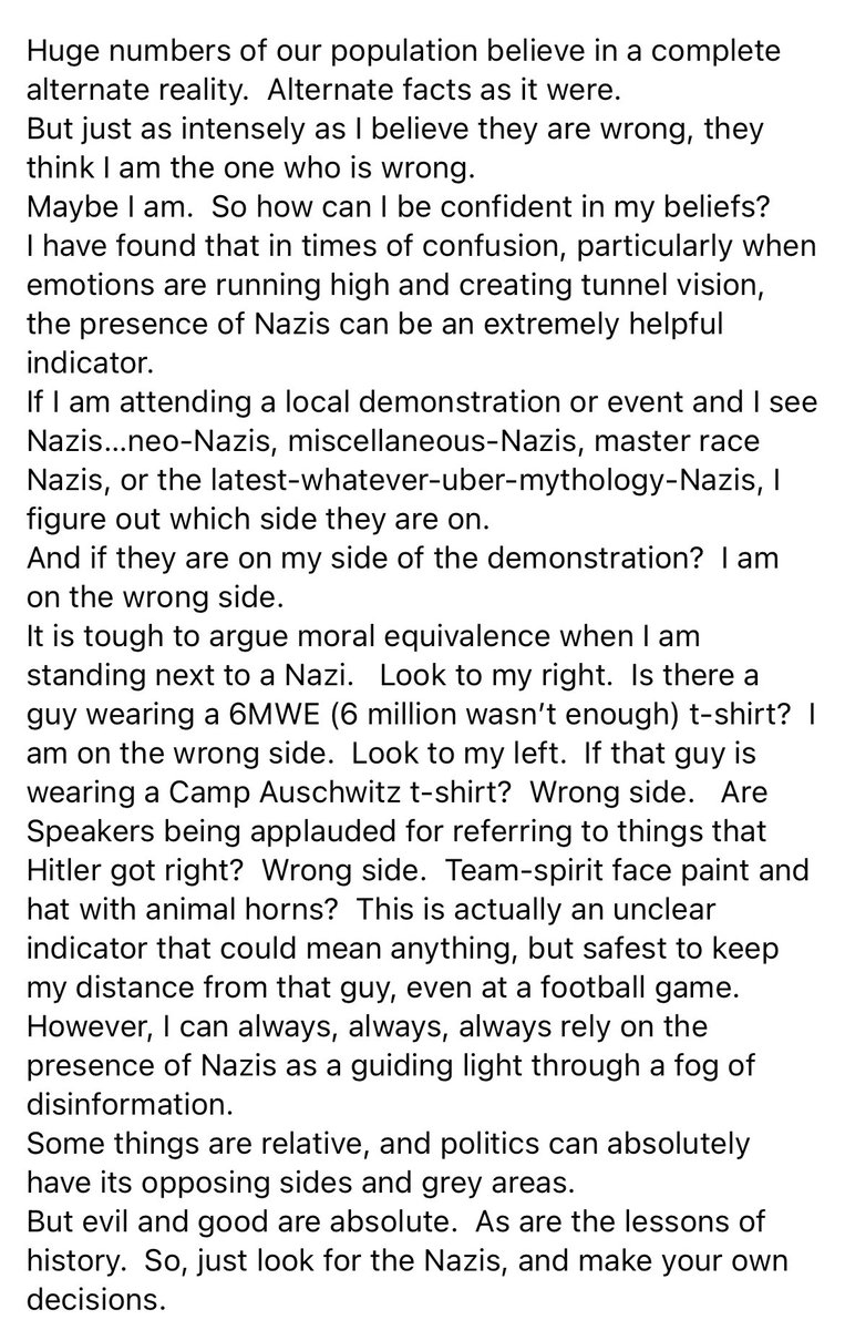 Jack_the_Reader's tweet photo. A very good rule of thumb shared by a friend. How can I be confident in my beliefs? The Nazi side is always the wrong side. Always. https://t.co/8E7dmI9UvR