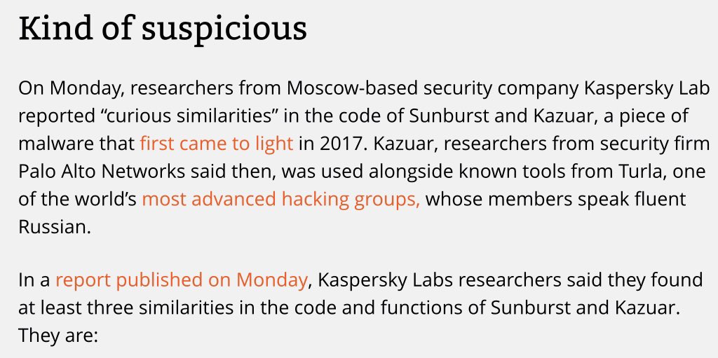 Yo. https://arstechnica.com/information-technology/2021/01/solarwinds-malware-has-curious-ties-to-russian-speaking-hackers/