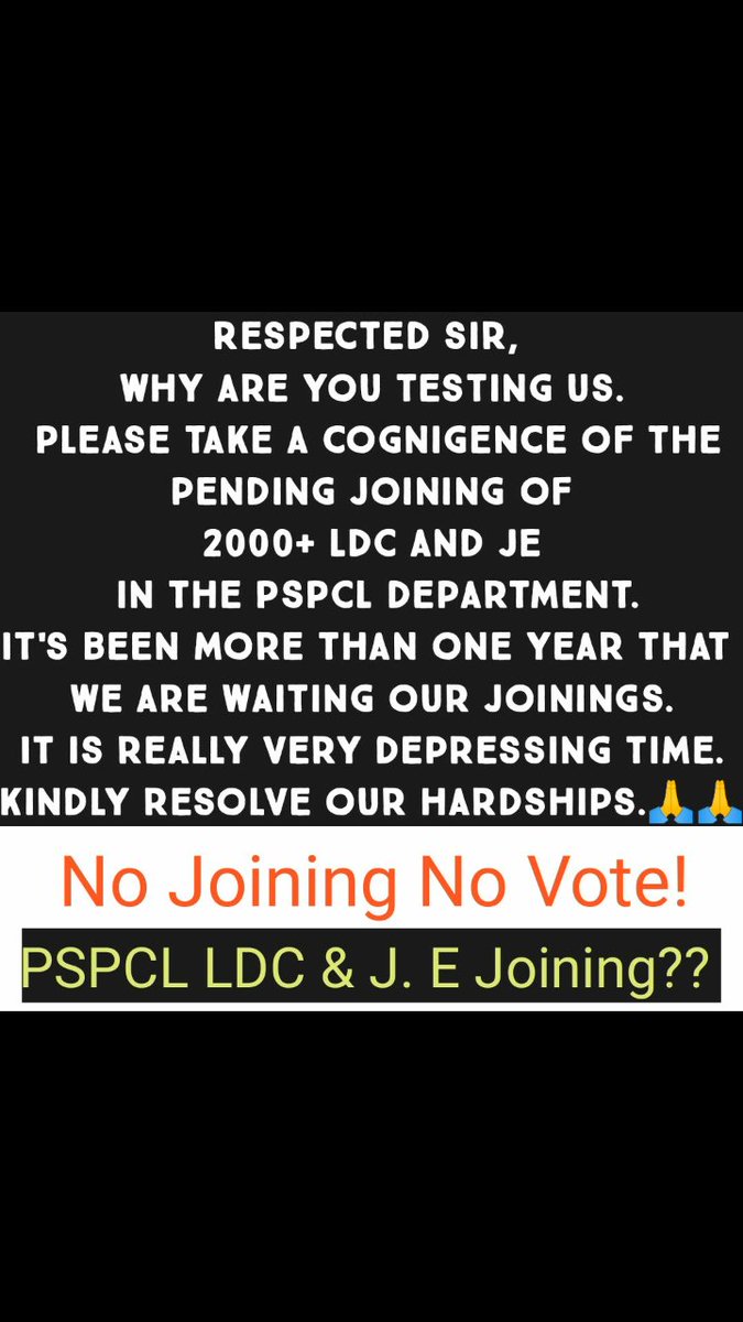 Psain16's tweet photo. @capt_amarinder @priyankagandhi Captain saab
Saddi v sun lo ekk var 🙏
We want Pspcl ldc and je joining
We have been waiting for more than 1 yr.
Why there is an unnecessary delay in joining process when all process is completed.
Plz talk with Pspcl
And resolve the matter ASAP🙏
@capt_amarinder  @RahulGandhi https://t.co/xr6JvtIvN4