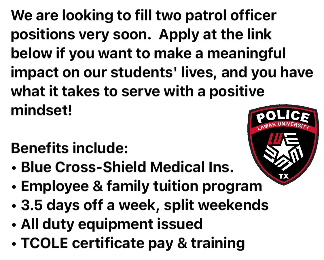 LamarPD's tweet image. jobs.lamar.edu/postings/8585